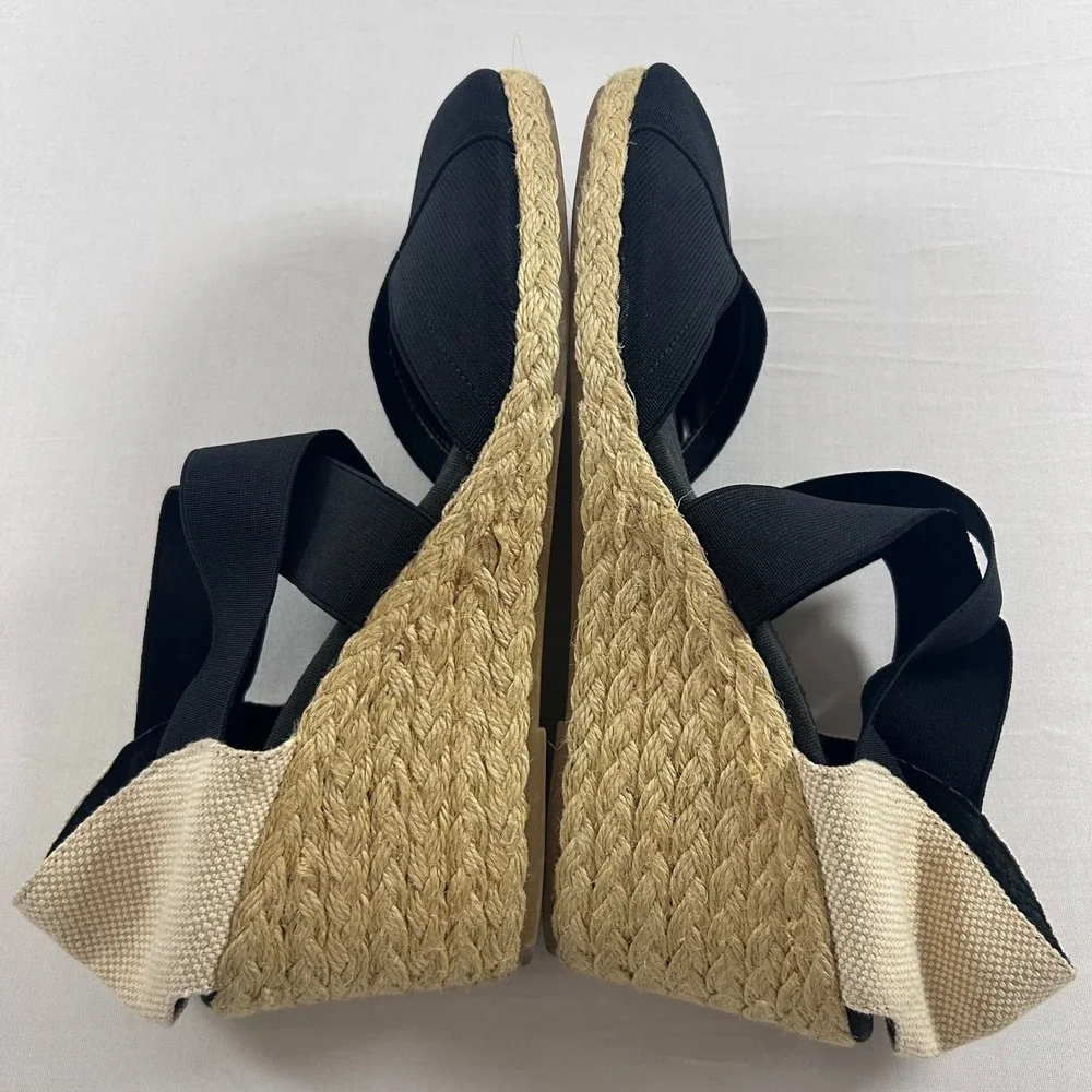 Lauren Ralph Lauren Wedge Sandals Women 8.5 Black Elastic Cross Strap Espadrille